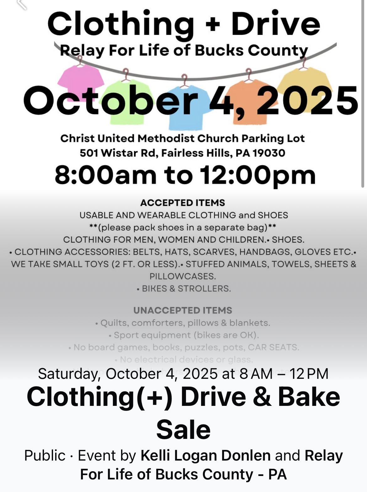Relay for Life Clothing(+) Drive & Bake Sale @ Christ United Methodist Church | Fairless Hills | Pennsylvania | United States